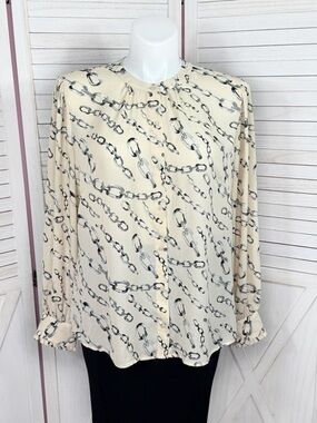 Express Chain Print Ruffle Cuff Relaxed Fit Portofino Shirt Blouse Cream Grey XL